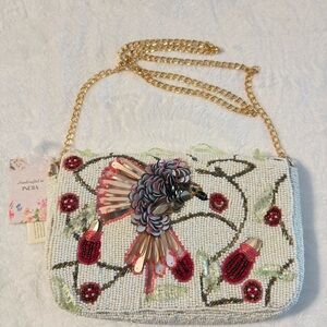 Handcrafted in India Embroidered Hummingbird Floral Beaded Bag with Gold Chain